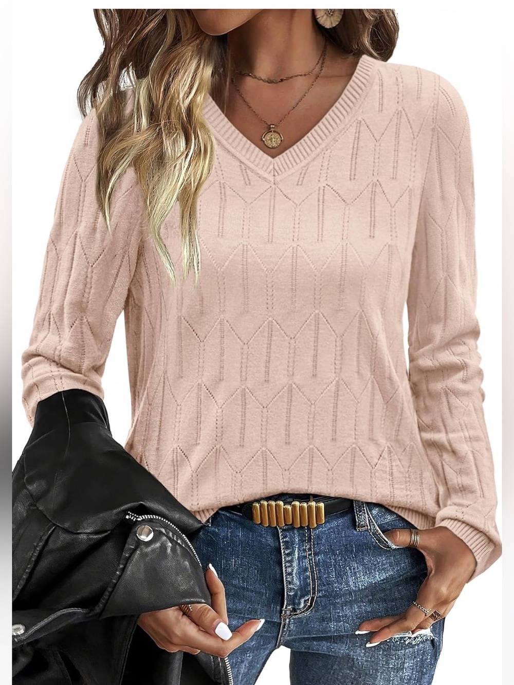 OFEEFAN Womens Small Blush Pink Pointelle V Neck Knit Sweater Long Sleeve